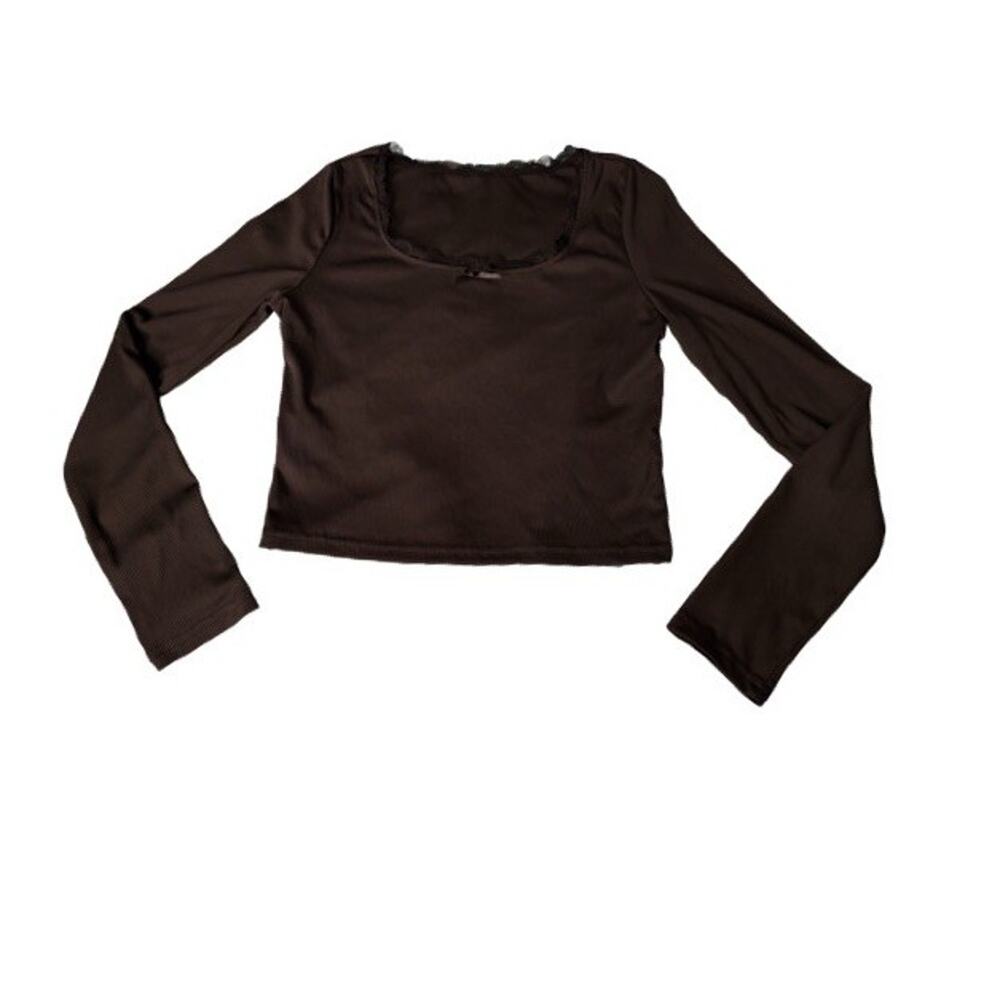 Black Crop Top Long Sleeve Size Large Bow Neck Lace Square Neck Ribbed Feminine - Picture 6 of 6